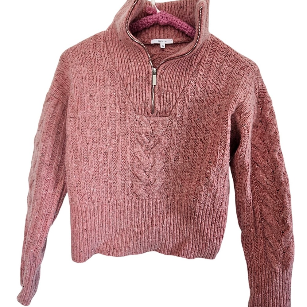 Opus Rose Pink Knit Quarter Zip Sweater Women Size‎ 36 Flecked Chunky Pullover